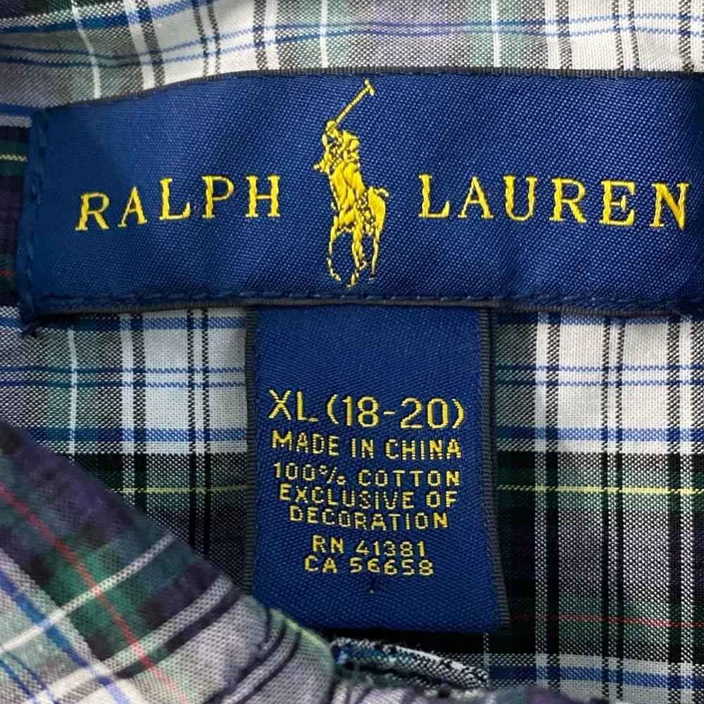 Ralph Lauren Boys’ Sz XL (18-20) Navy/Green‎ Plaid Cotton Oxford Shirt